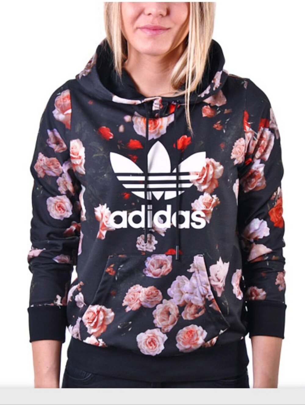Adidas Floral Trefoil Hoodie - Black with Rose Print - Picture 3 of 9